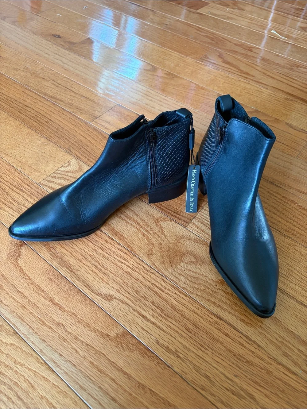 Black Pointed Leather Ankle Booties with Textured Back Panel